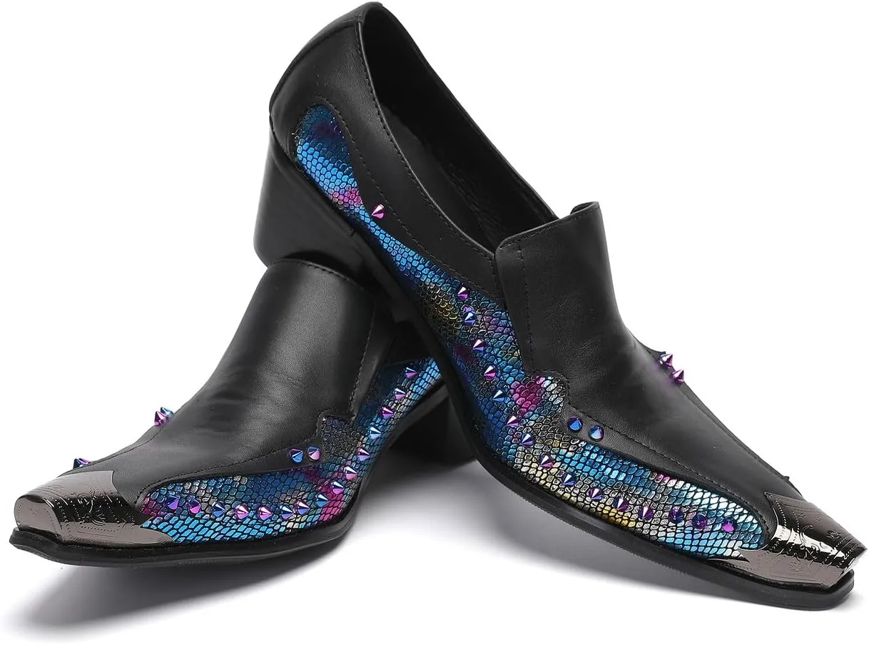Santimon Mens Loafers Casual Dress Slip On Penny Loafers Metal-Tip Toe Genunie Leather Two Tone Mocasines Rainbow Beads Fashion Disco Bar Singer Party Prom Wedding Western Tuxedo Shores for Men
