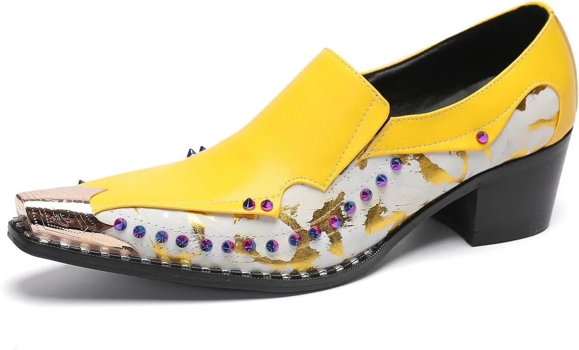 Santimon Mens Loafers Casual Dress Slip On Penny Loafers Metal-Tip Toe Genunie Leather Two Tone Mocasines Rainbow Beads Fashion Disco Bar Singer Party Prom Wedding Western Tuxedo Shores for Men