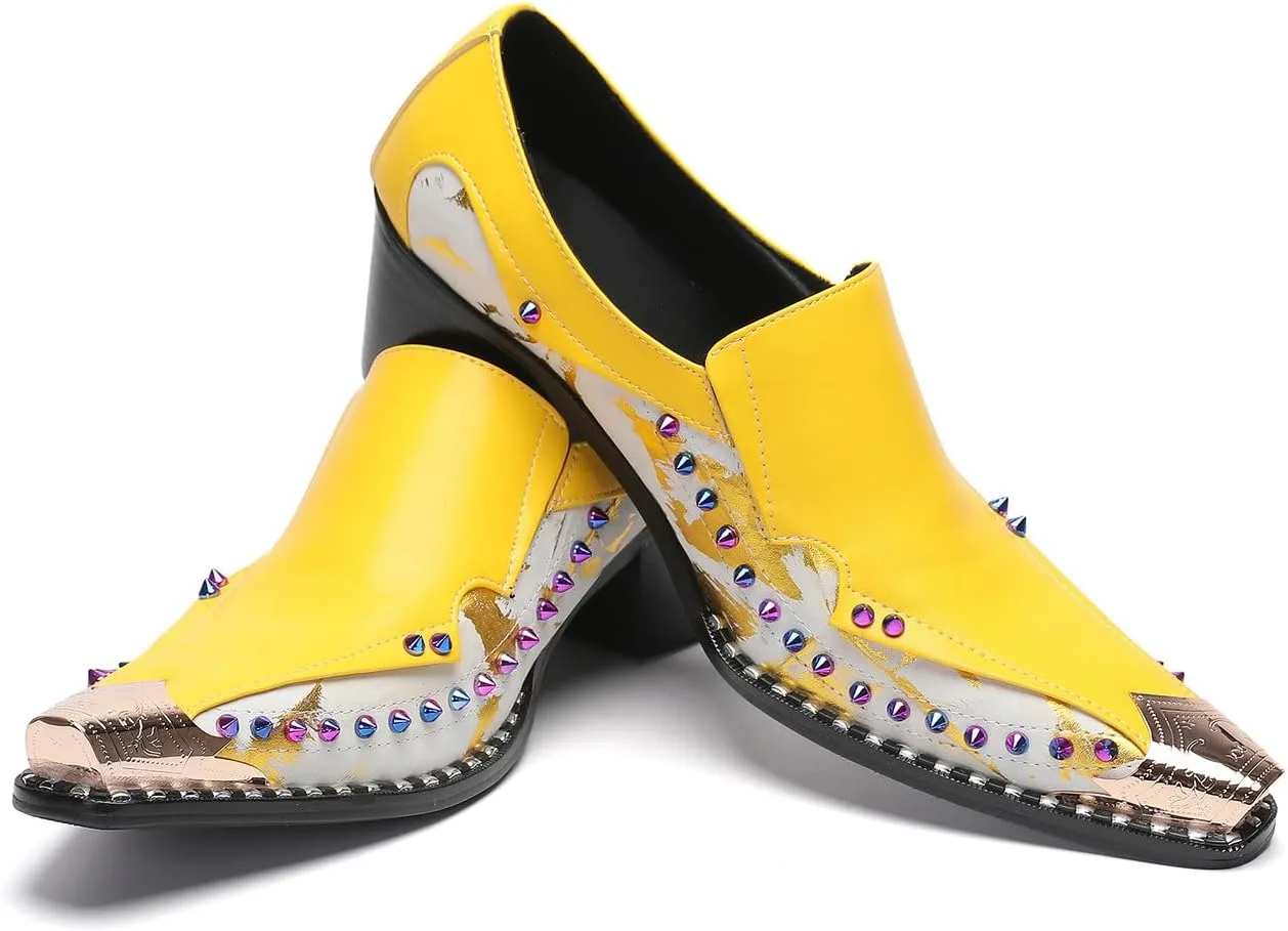 Santimon Mens Loafers Casual Dress Slip On Penny Loafers Metal-Tip Toe Genunie Leather Two Tone Mocasines Rainbow Beads Fashion Disco Bar Singer Party Prom Wedding Western Tuxedo Shores for Men