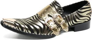 Santimon Mens Slip On Loafers Casaul Dress Penny Loafers Genuine Leather Metal Wingtip Toe Stripe Texture Mocasines Western Fashion Prom Wedding Party Singer Gold Glitter Tuxedo Shoes for Men