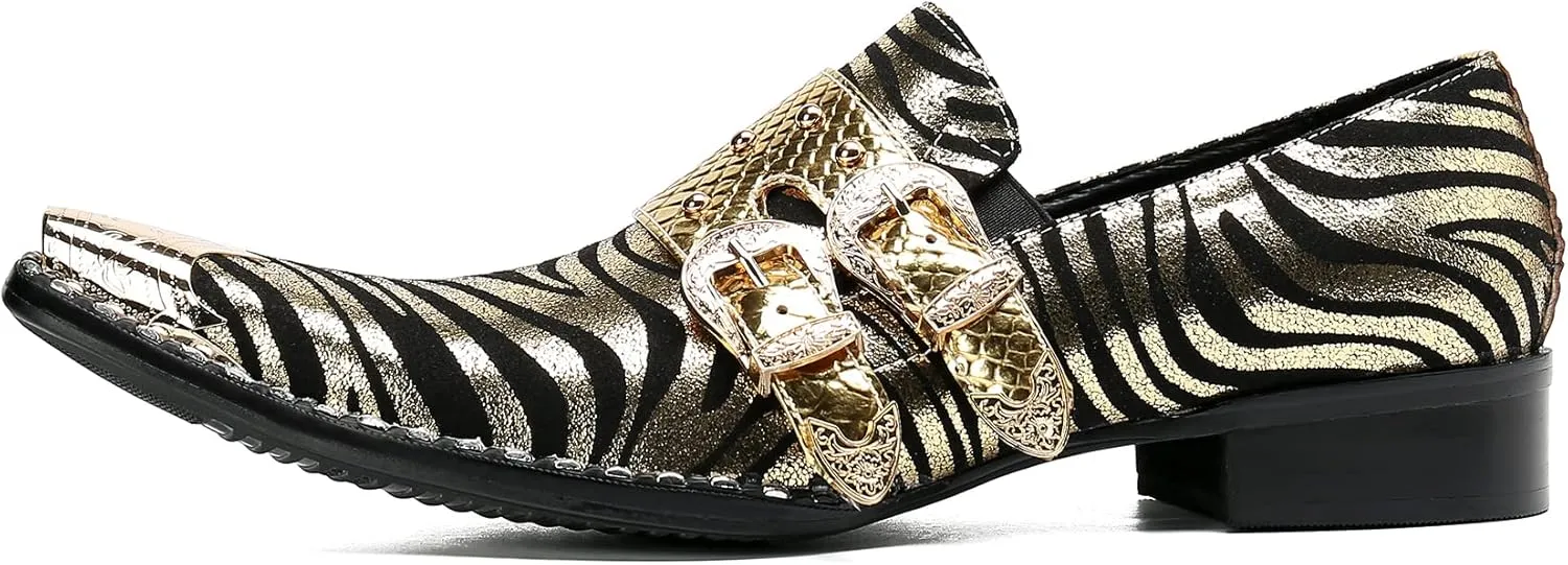 Santimon Mens Slip On Loafers Casaul Dress Penny Loafers Genuine Leather Metal Wingtip Toe Stripe Texture Mocasines Western Fashion Prom Wedding Party Singer Gold Glitter Tuxedo Shoes for Men