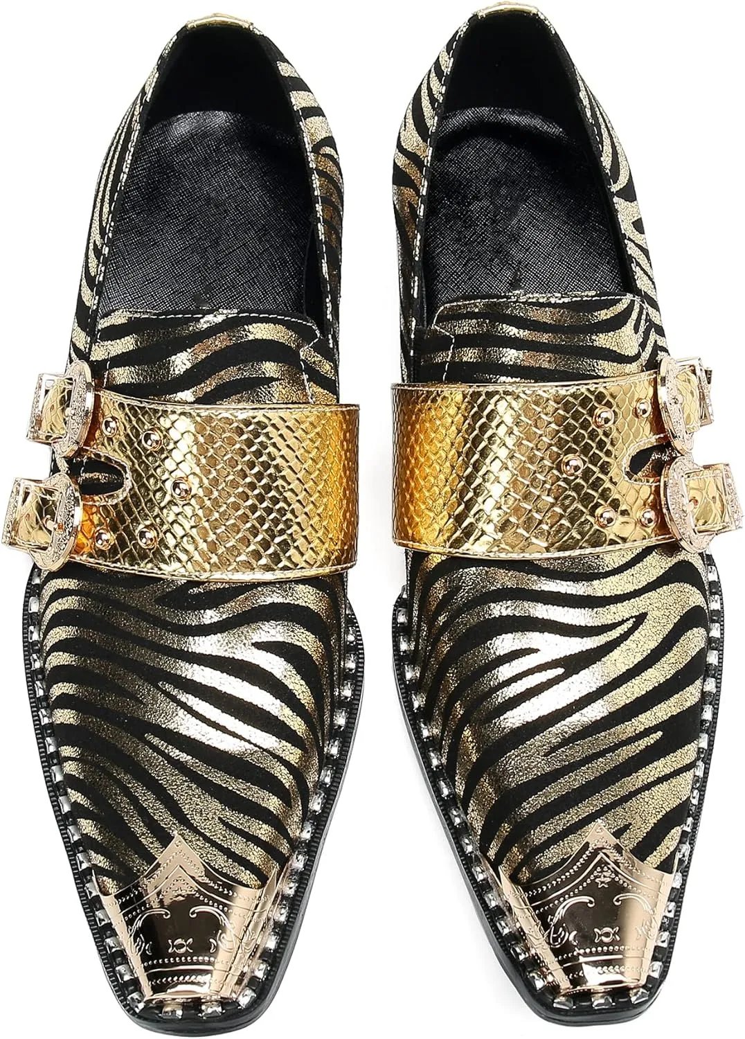Santimon Mens Slip On Loafers Casaul Dress Penny Loafers Genuine Leather Metal Wingtip Toe Stripe Texture Mocasines Western Fashion Prom Wedding Party Singer Gold Glitter Tuxedo Shoes for Men