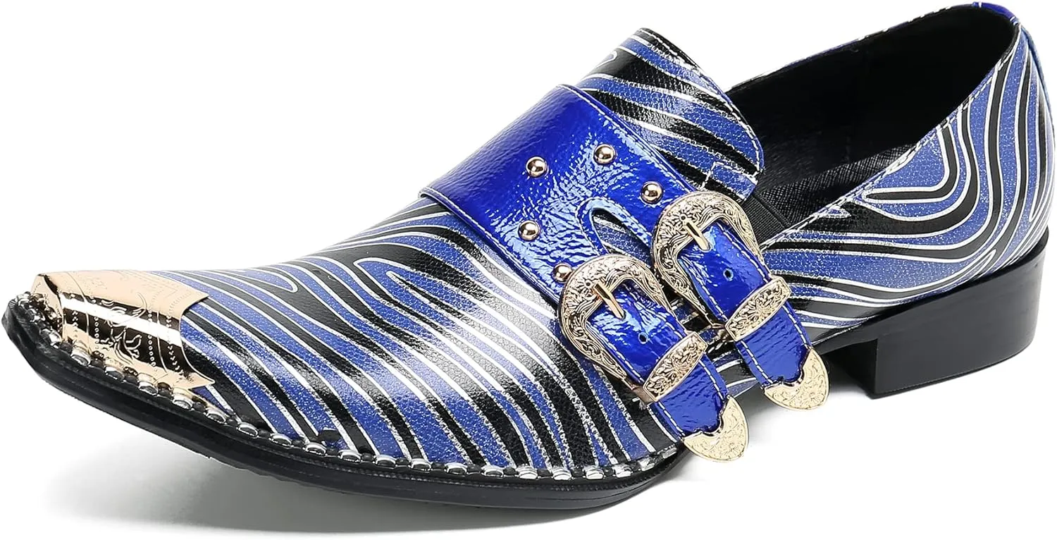 Santimon Mens Slip On Loafers Casaul Dress Penny Loafers Genuine Leather Metal Wingtip Toe Stripe Texture Mocasines Western Fashion Prom Wedding Party Singer Gold Glitter Tuxedo Shoes for Men