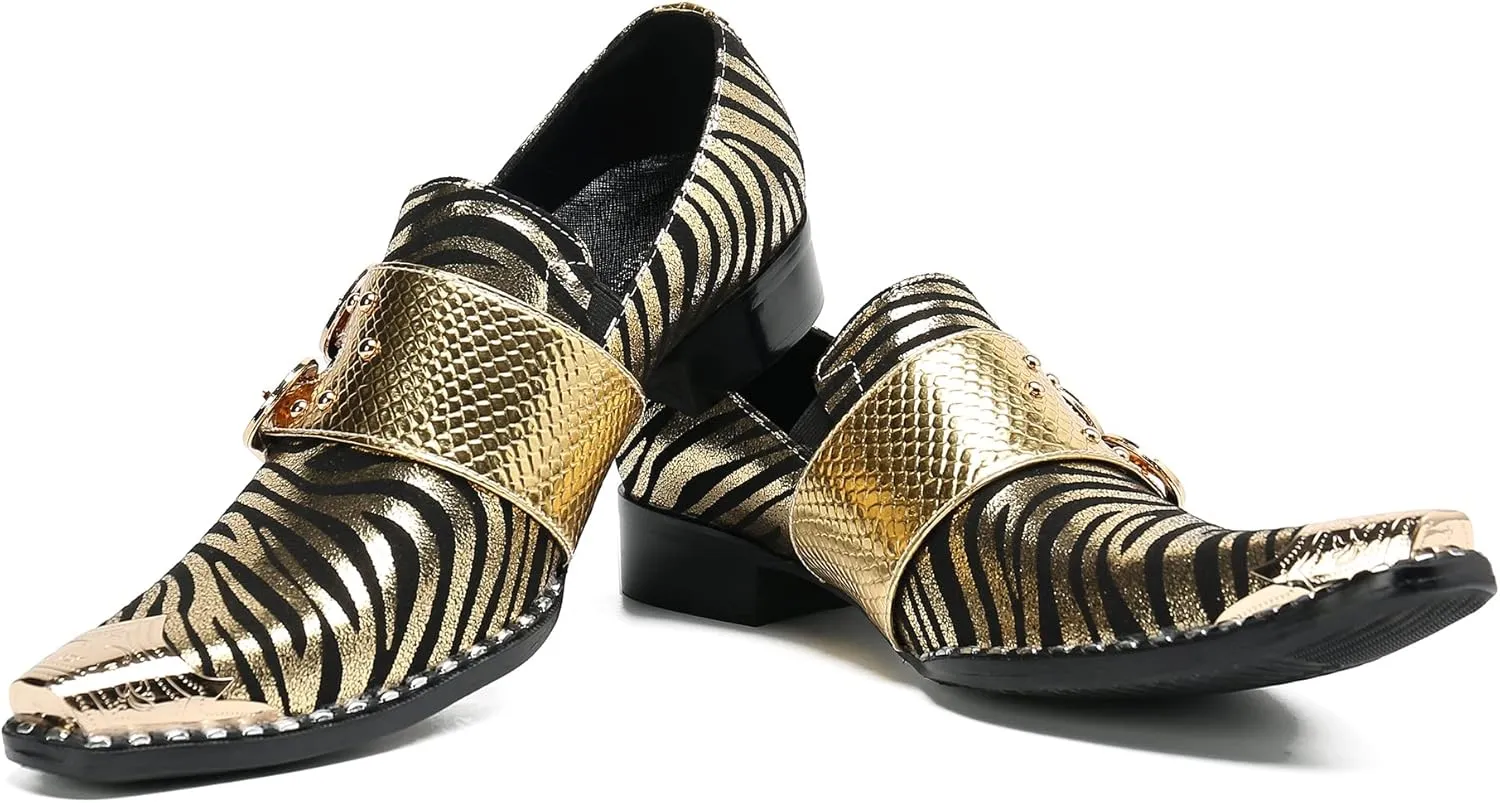 Santimon Mens Slip On Loafers Casaul Dress Penny Loafers Genuine Leather Metal Wingtip Toe Stripe Texture Mocasines Western Fashion Prom Wedding Party Singer Gold Glitter Tuxedo Shoes for Men