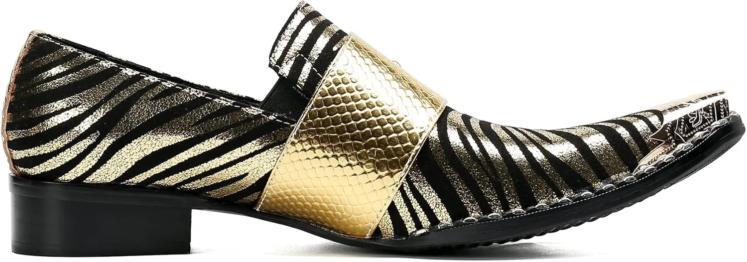 Santimon Mens Slip On Loafers Casaul Dress Penny Loafers Genuine Leather Metal Wingtip Toe Stripe Texture Mocasines Western Fashion Prom Wedding Party Singer Gold Glitter Tuxedo Shoes for Men