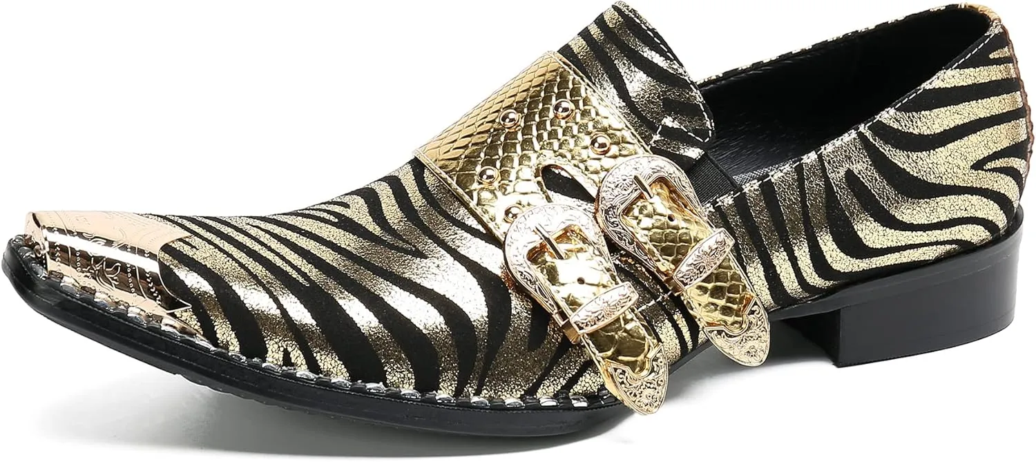 Santimon Mens Slip On Loafers Casaul Dress Penny Loafers Genuine Leather Metal Wingtip Toe Stripe Texture Mocasines Western Fashion Prom Wedding Party Singer Gold Glitter Tuxedo Shoes for Men