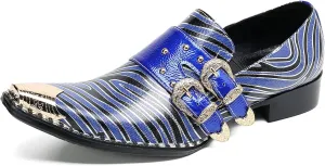 Santimon Mens Slip On Loafers Casaul Dress Penny Loafers Genuine Leather Metal Wingtip Toe Stripe Texture Mocasines Western Fashion Prom Wedding Party Singer Gold Glitter Tuxedo Shoes for Men