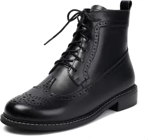SEIFIN Women's Wingtip Oxford Boot Combat Boots Side Zip Ankle Motorcycle Boots Dressy Lace Up Wingtip Brogue Short Booties