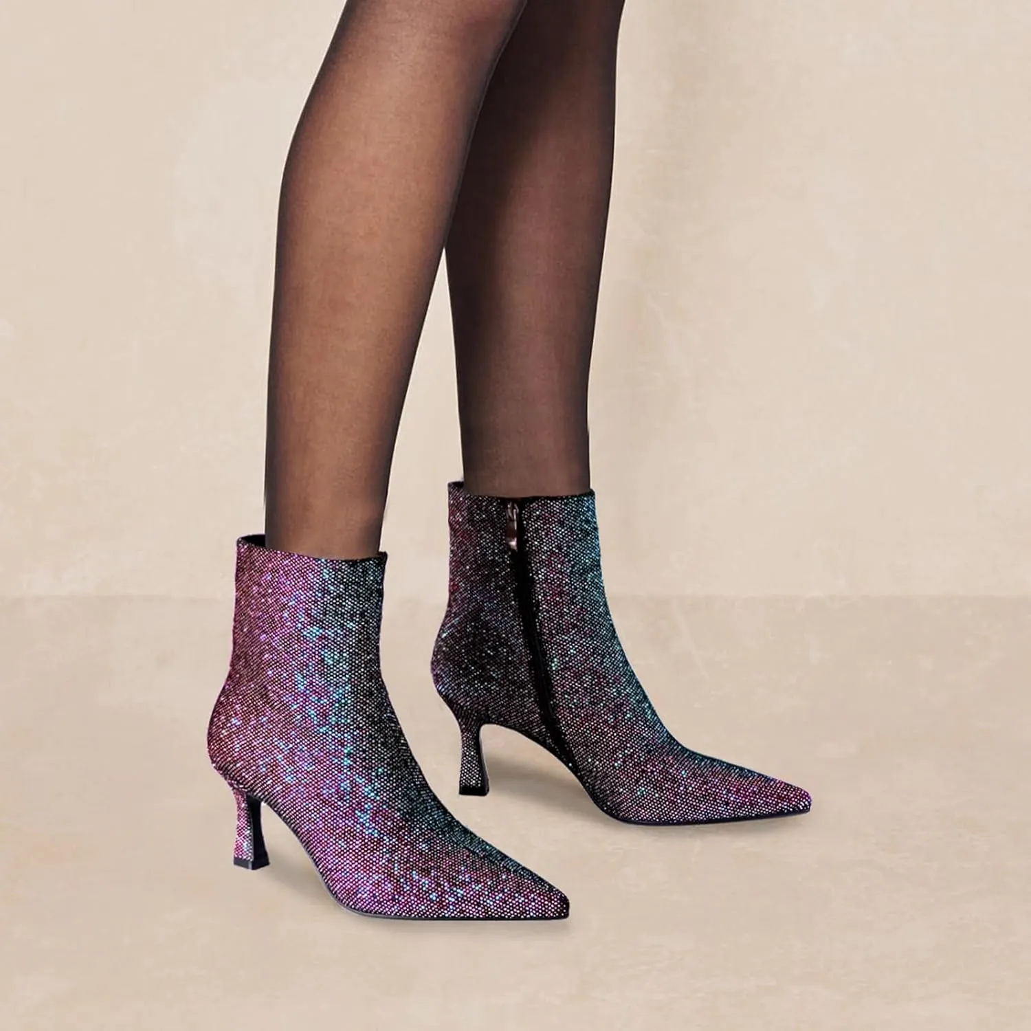 Sequin Ankle Boots for WomenGlitter Pointed Toe Kitten HeelsSparkly Dress Booties for Holiday Party or Night Out