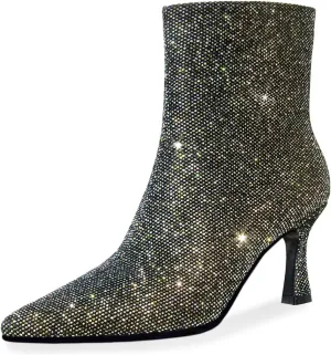 Sequin Ankle Boots for WomenGlitter Pointed Toe Kitten HeelsSparkly Dress Booties for Holiday Party or Night Out