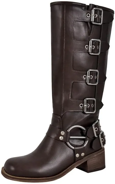 sexytag Knee High Riding Boots Multi Buckle Strap Pull On Gothic Motorcycle Boots