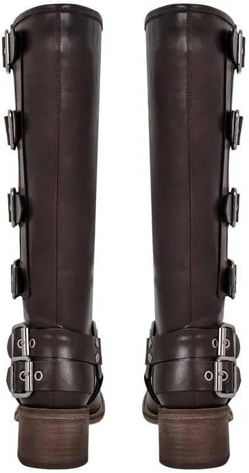 sexytag Knee High Riding Boots Multi Buckle Strap Pull On Gothic Motorcycle Boots