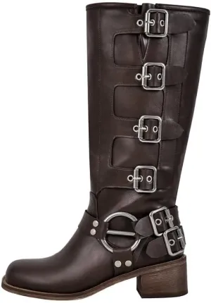 sexytag Knee High Riding Boots Multi Buckle Strap Pull On Gothic Motorcycle Boots