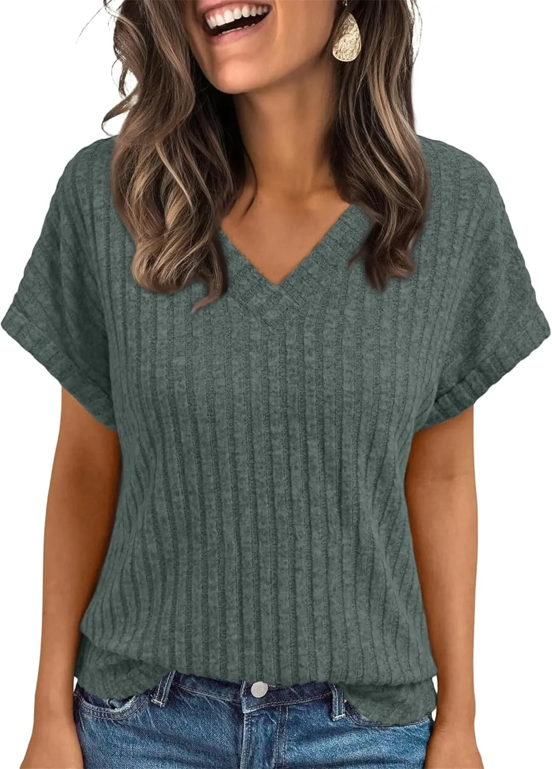 Short Sleeve Summer Shirts for Women V Neck Casual Ribbed Loose Fit Lightweight Spring Dressy Tops 2025