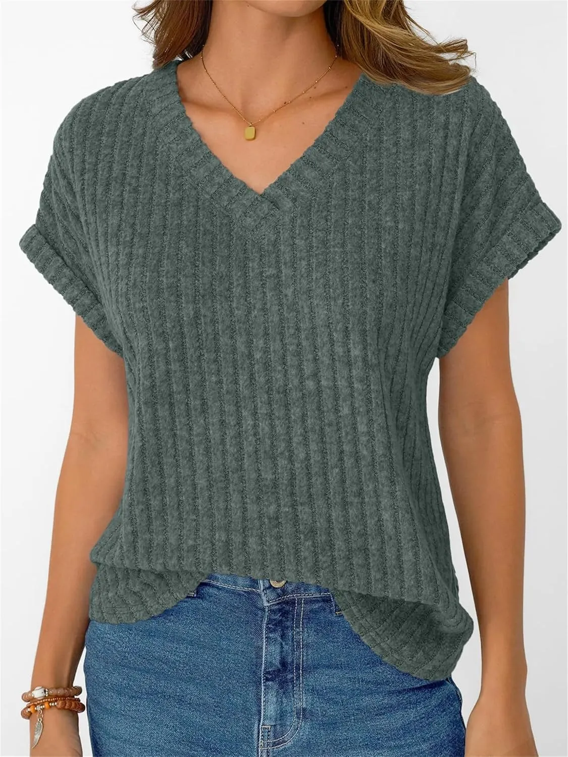 Short Sleeve Summer Shirts for Women V Neck Casual Ribbed Loose Fit Lightweight Spring Dressy Tops 2025