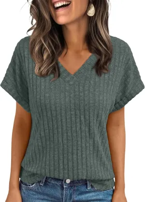 Short Sleeve Summer Shirts for Women V Neck Casual Ribbed Loose Fit Lightweight Spring Dressy Tops 2025