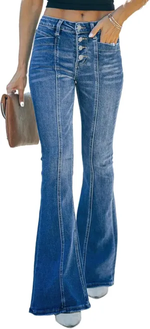 Sidefeel Women's High Waisted Jeans Wide Leg Button Fly Bell Bottoms Flared Zimbaplatinum Denim Pants