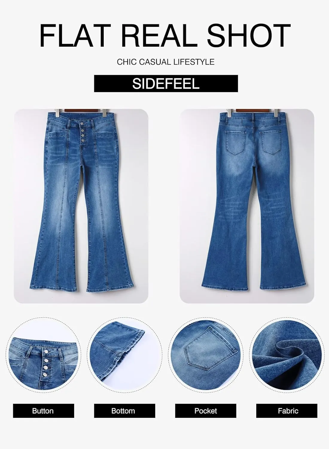 Sidefeel Women's High Waisted Jeans Wide Leg Button Fly Bell Bottoms Flared Zimbaplatinum Denim Pants