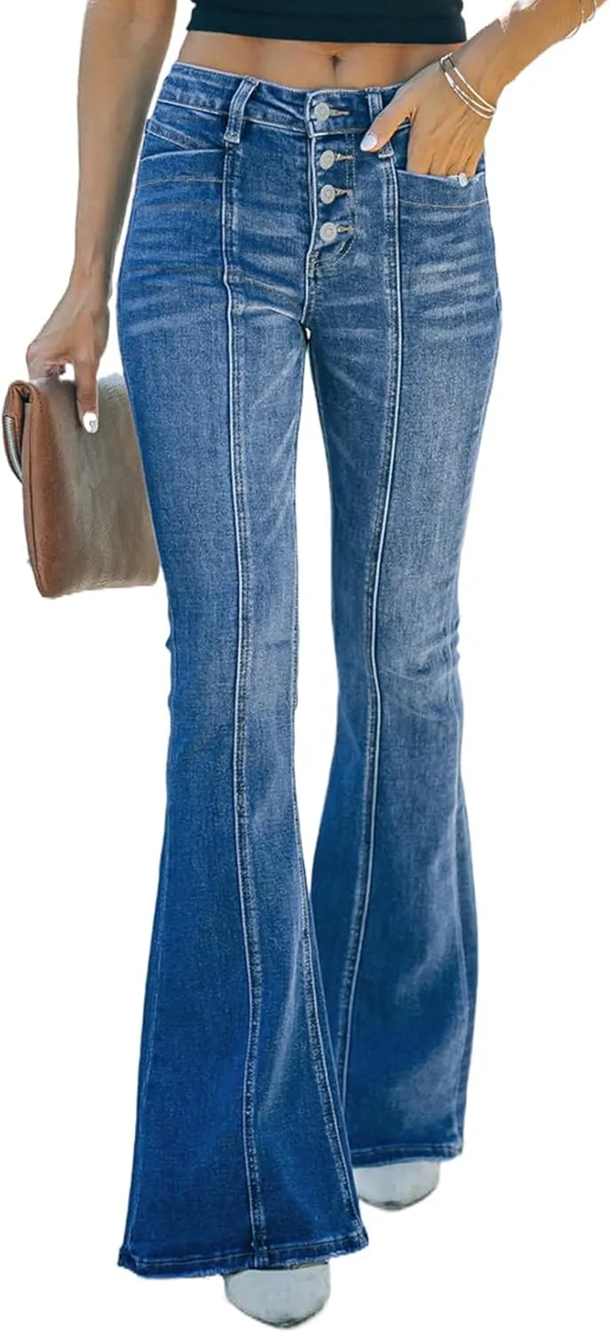 Sidefeel Women's High Waisted Jeans Wide Leg Button Fly Bell Bottoms Flared Zimbaplatinum Denim Pants