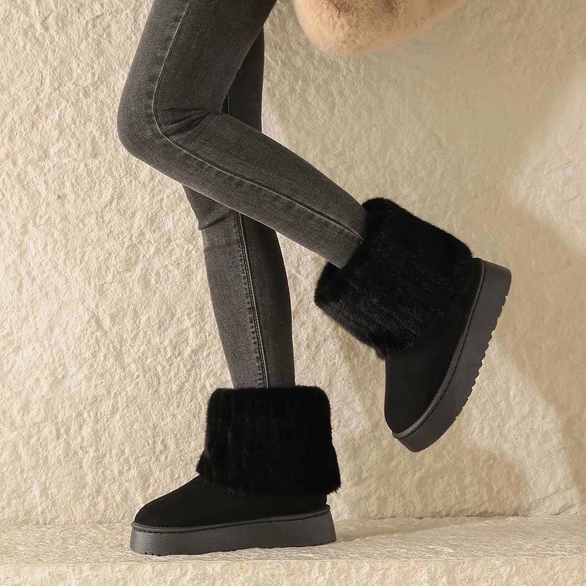 SIFINELAR Women's Furry Faux Fur Boots Fuzzy Mid Calf Snow Boots Round Toe Suede Warm Fur Lined Boots Platform Flat Comfortable Outdoor Winter Fashion Boots