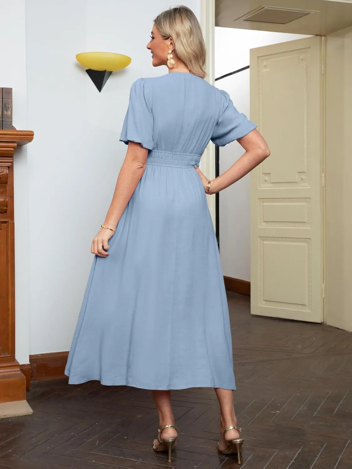 Simplee Women's Summer Boho Maxi Dress Casual V Neck Puff Sleeve Wedding Guest Dress Flowy Linen Beach Dresses