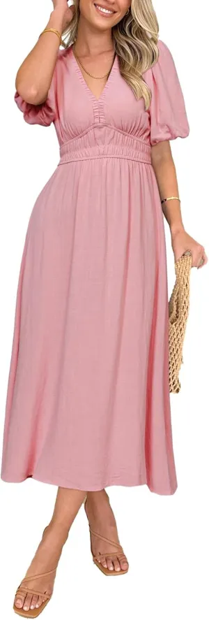 Simplee Women's Summer Boho Maxi Dress Casual V Neck Puff Sleeve Wedding Guest Dress Flowy Linen Beach Dresses