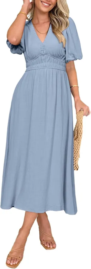 Simplee Women's Summer Boho Maxi Dress Casual V Neck Puff Sleeve Wedding Guest Dress Flowy Linen Beach Dresses