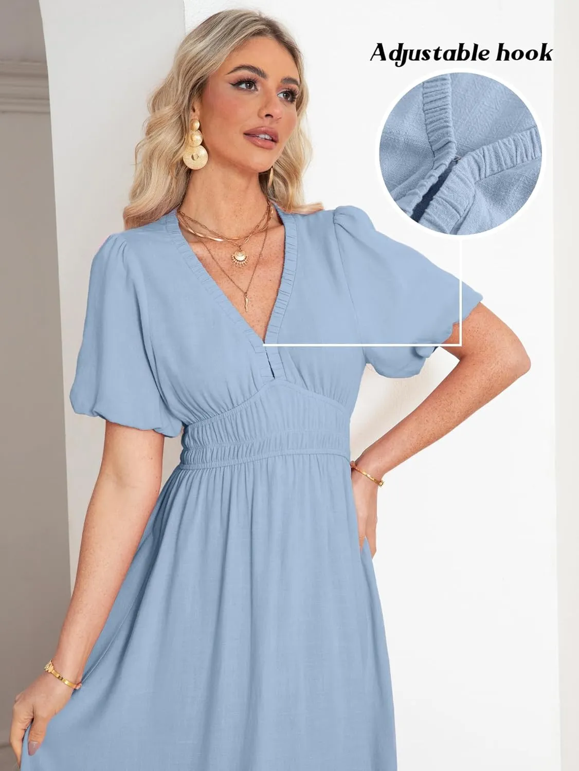 Simplee Women's Summer Boho Maxi Dress Casual V Neck Puff Sleeve Wedding Guest Dress Flowy Linen Beach Dresses