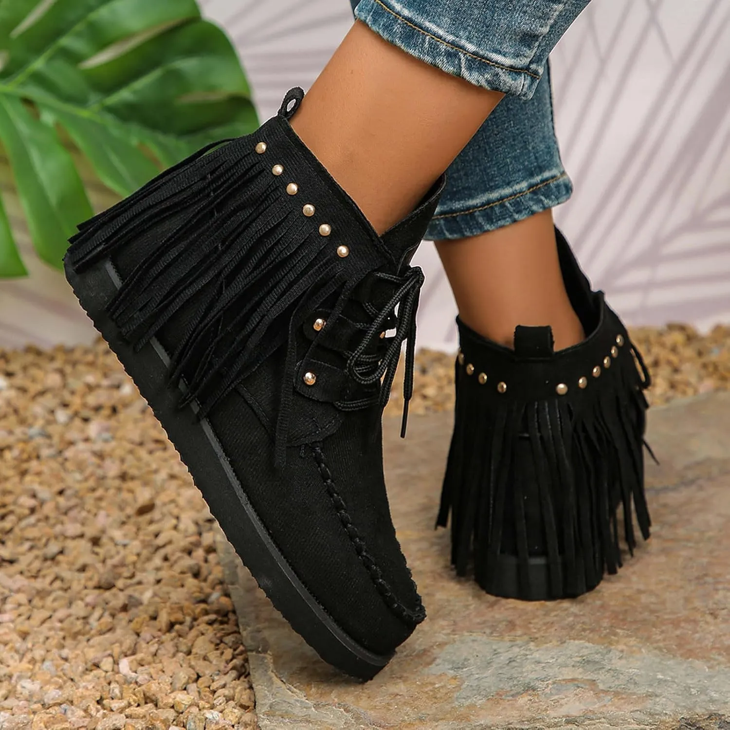 Sinzelimin Women Cowboy Boots Trendy Flock Tassels Lace up Ankle Boot Comfy Platform Walking Shoes, Fall Boots for Women 2024