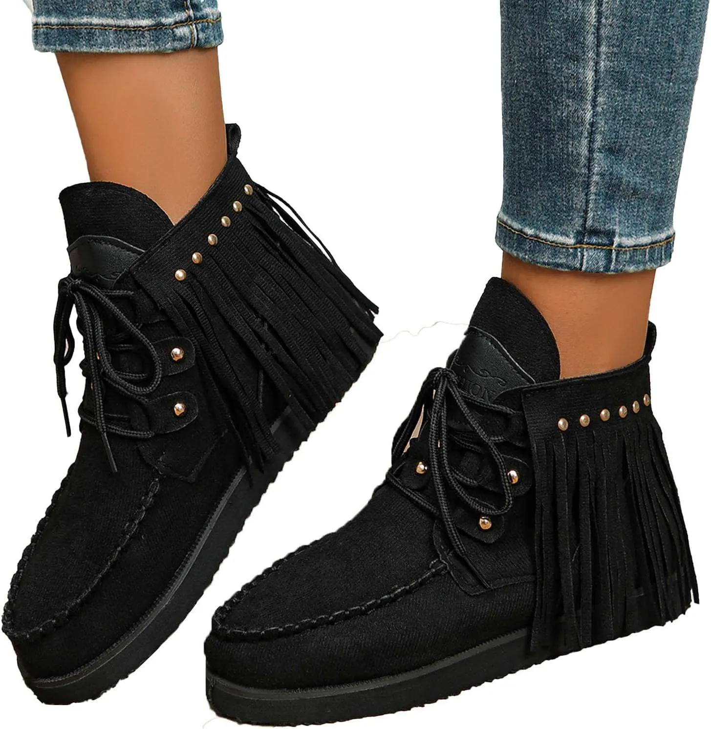 Sinzelimin Women Cowboy Boots Trendy Flock Tassels Lace up Ankle Boot Comfy Platform Walking Shoes, Fall Boots for Women 2024