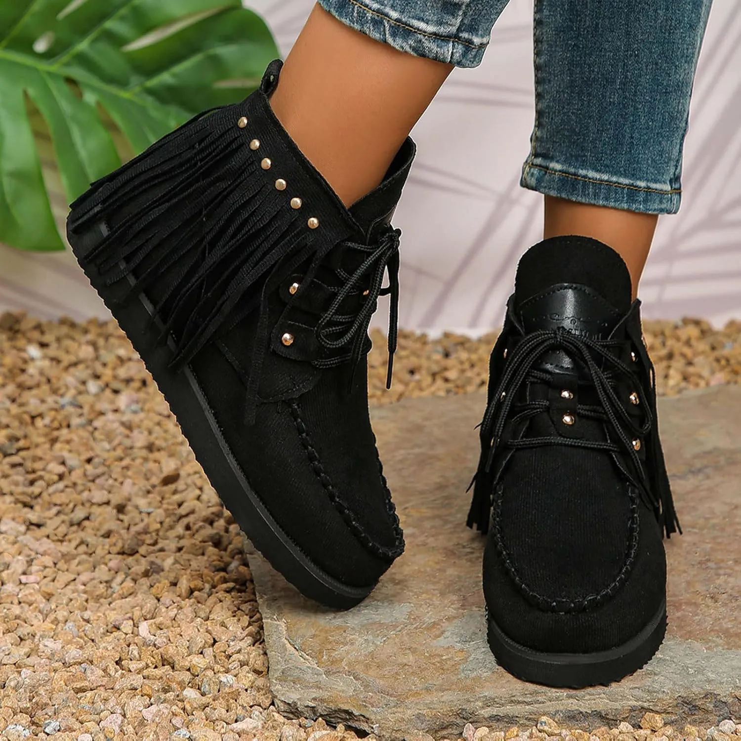 Sinzelimin Women Cowboy Boots Trendy Flock Tassels Lace up Ankle Boot Comfy Platform Walking Shoes, Fall Boots for Women 2024