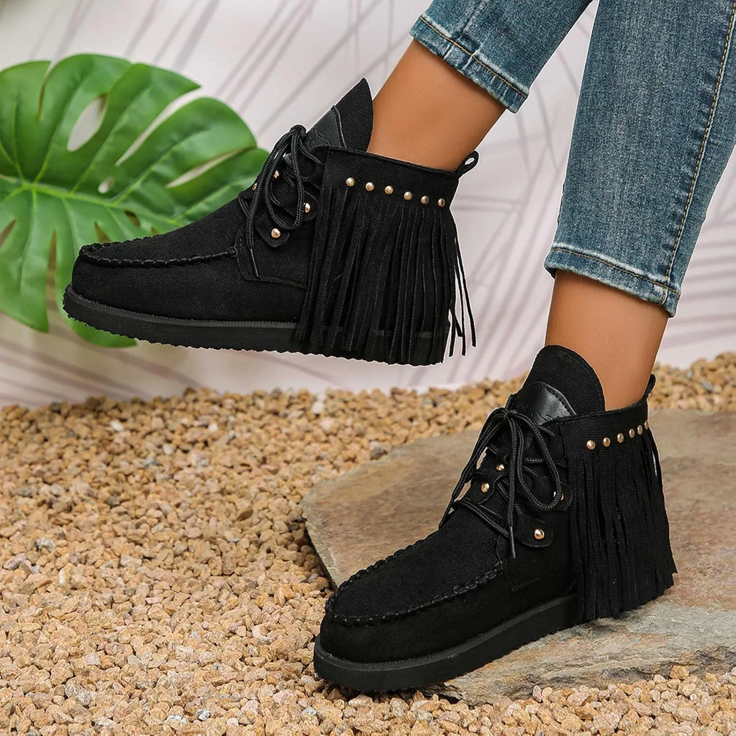Sinzelimin Women Cowboy Boots Trendy Flock Tassels Lace up Ankle Boot Comfy Platform Walking Shoes, Fall Boots for Women 2024