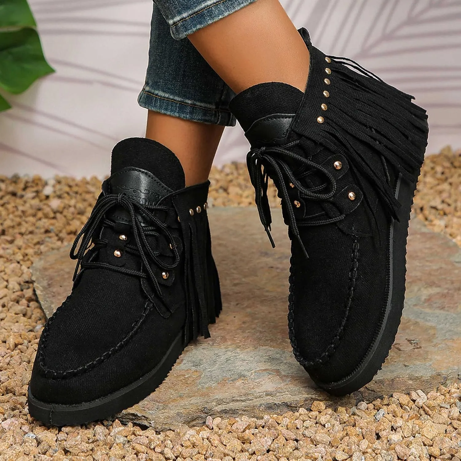 Sinzelimin Women Cowboy Boots Trendy Flock Tassels Lace up Ankle Boot Comfy Platform Walking Shoes, Fall Boots for Women 2024
