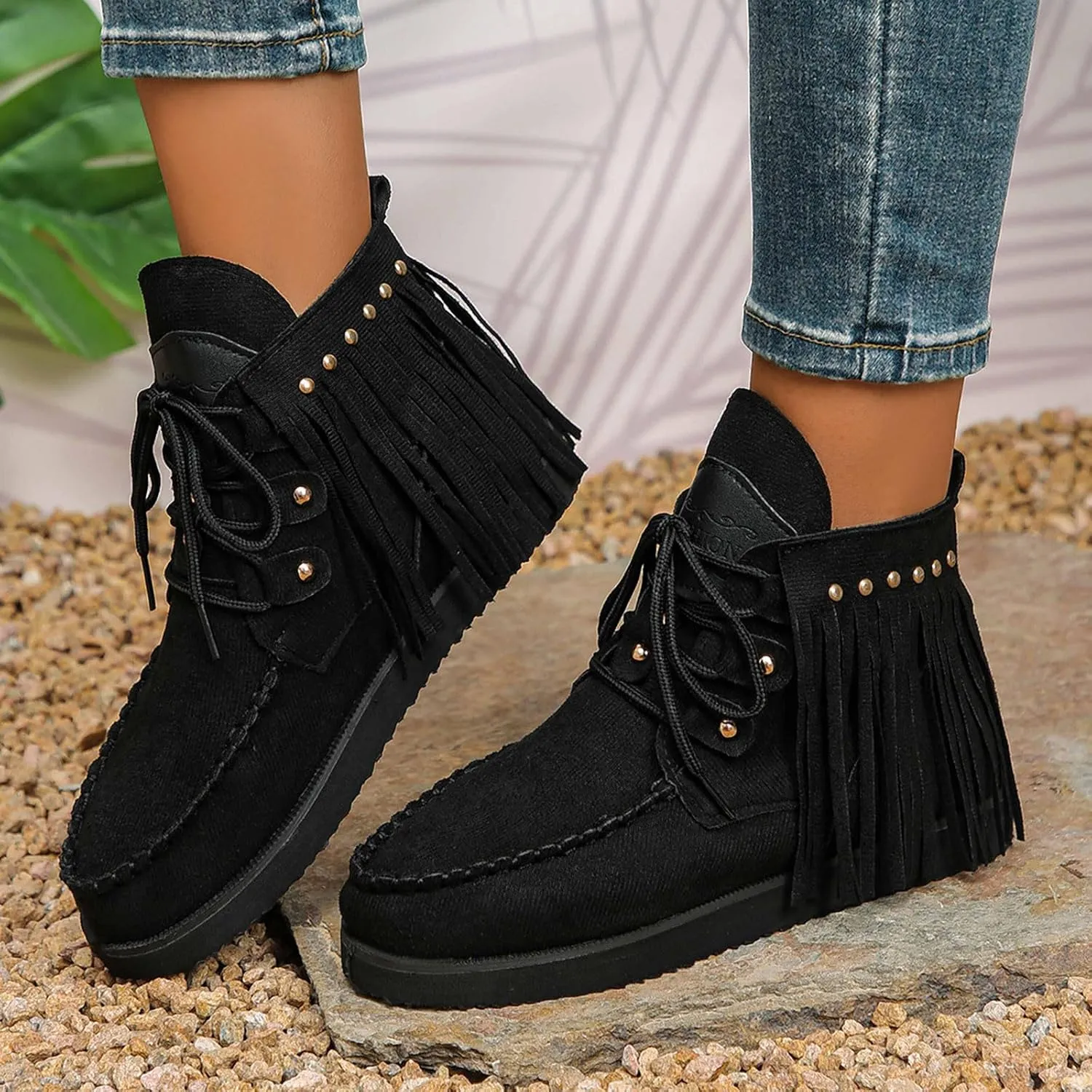Sinzelimin Women Cowboy Boots Trendy Flock Tassels Lace up Ankle Boot Comfy Platform Walking Shoes, Fall Boots for Women 2024