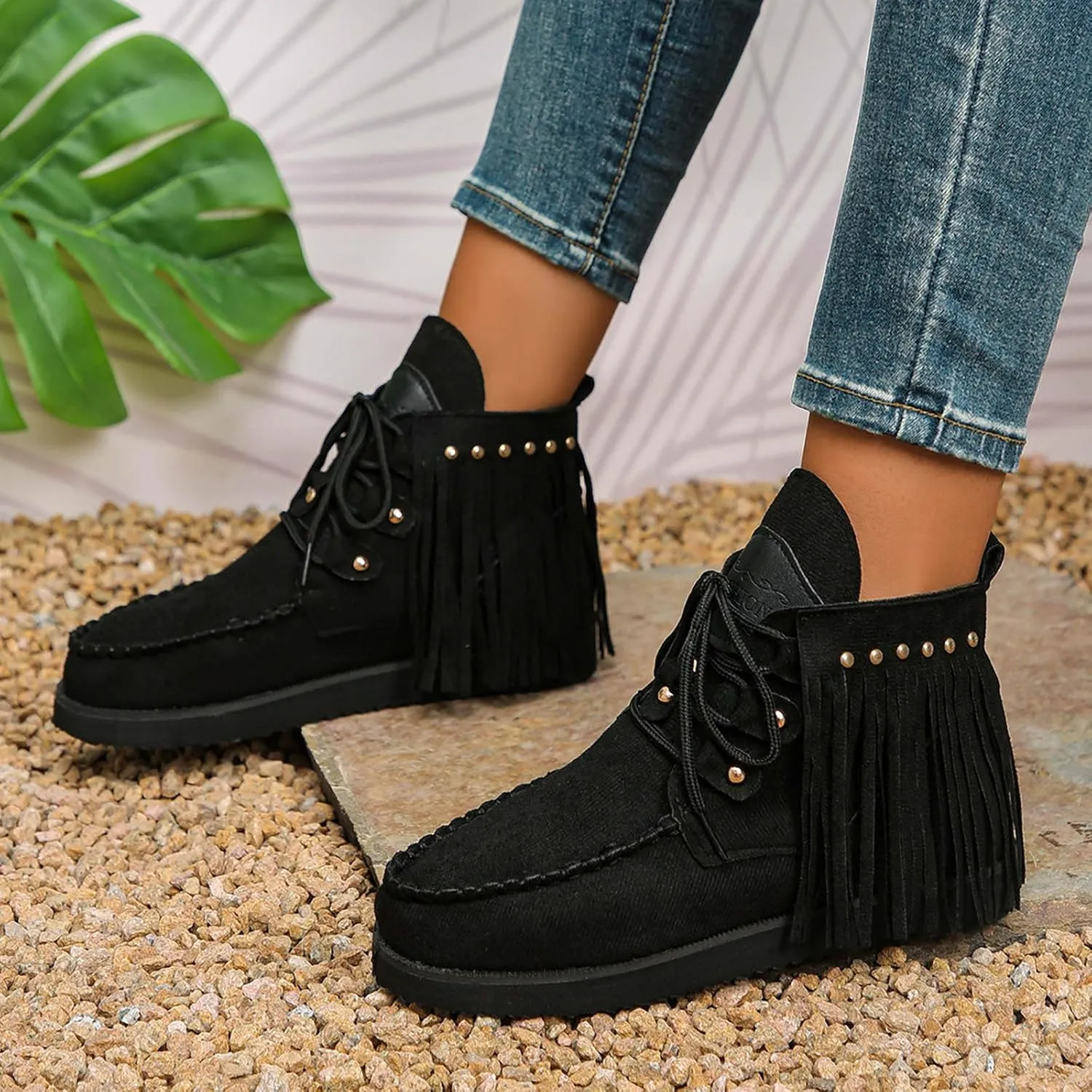 Sinzelimin Women Cowboy Boots Trendy Flock Tassels Lace up Ankle Boot Comfy Platform Walking Shoes, Fall Boots for Women 2024