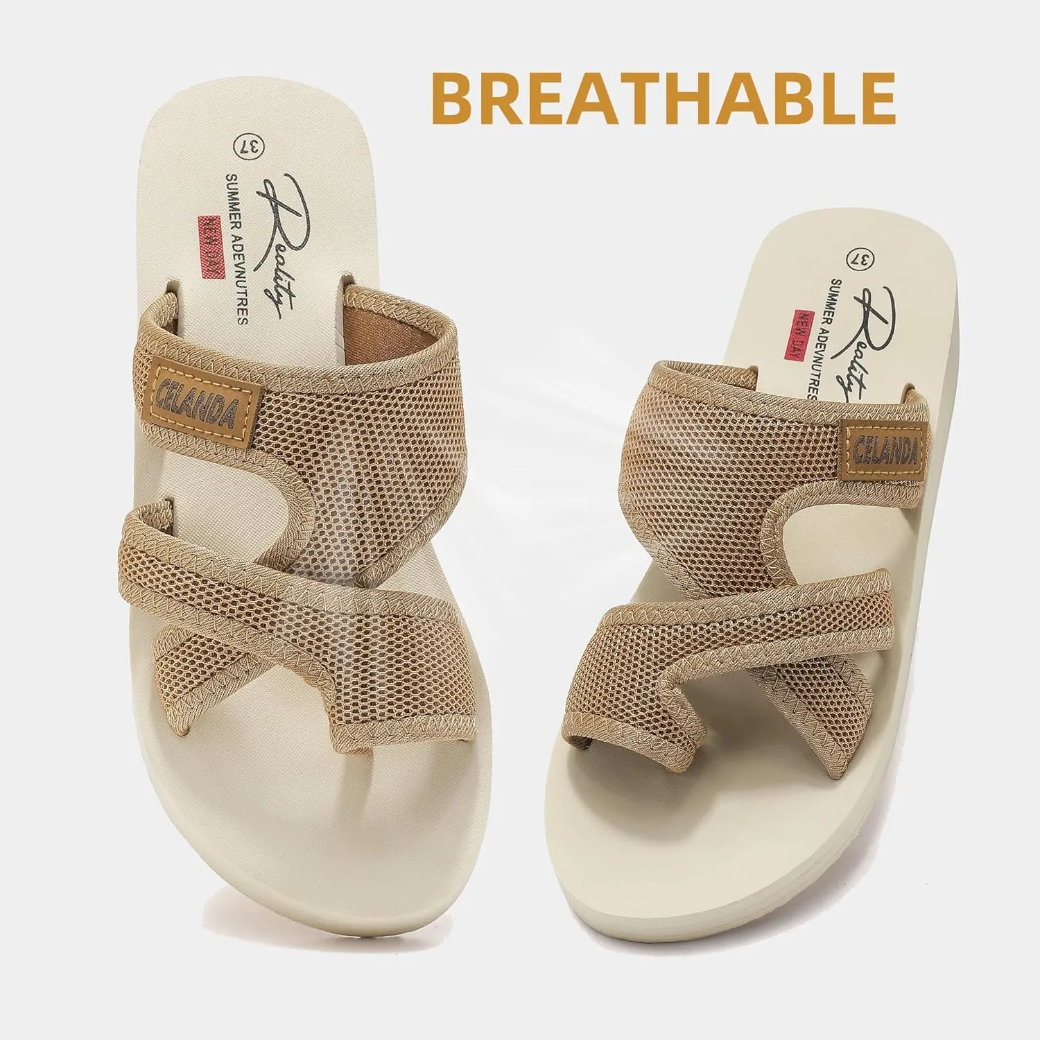SMajong Women's Arch Support Slide Sandals Low Heel Wedge Sandals Summer Fashion Comfortable Flip Flops Beach Breathable Hollow Mesh Sandals