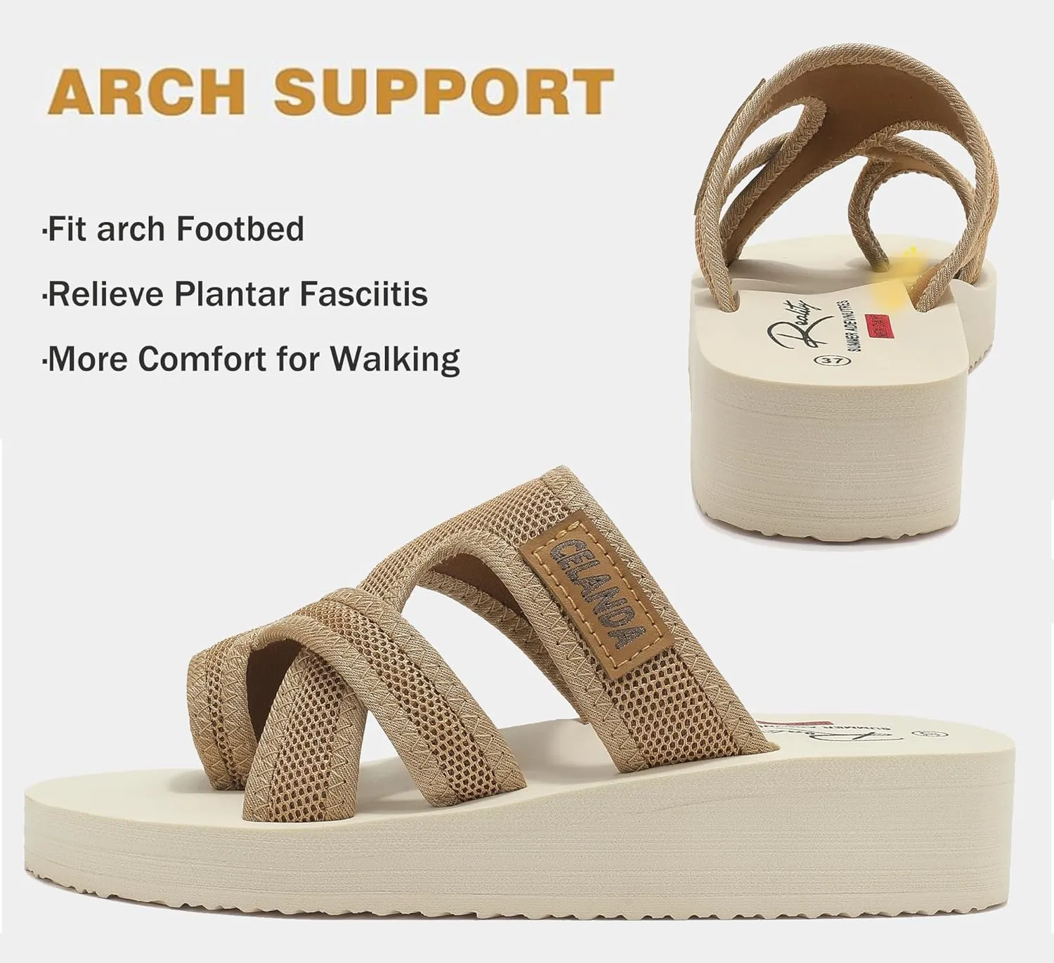 SMajong Women's Arch Support Slide Sandals Low Heel Wedge Sandals Summer Fashion Comfortable Flip Flops Beach Breathable Hollow Mesh Sandals