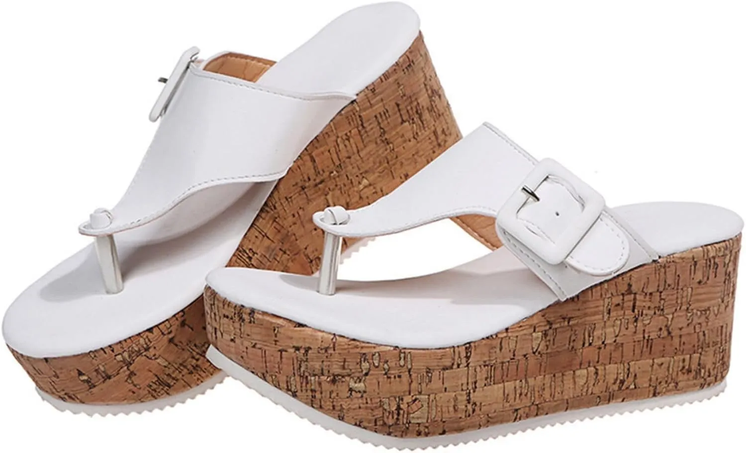 Smoneyful Women's Cork Platform Wedge Sandals Heel Flip Flops Slip on Backless Thong Slides High Heeled Summer Beach Casual Walking Slippers Sandals