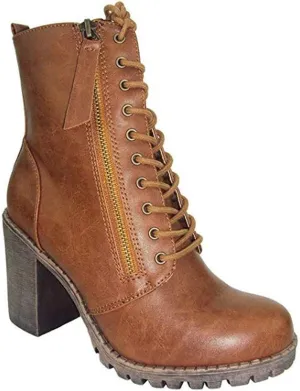 Soda Women Chunky High Heel Combat Army Military Riding Ankle Boots Lace Up Booties Malia-S