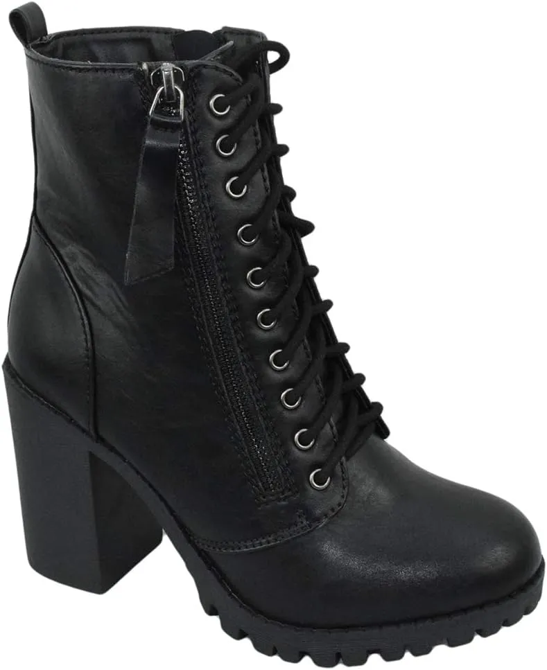 Soda Women Chunky High Heel Combat Army Military Riding Ankle Boots Lace Up Booties Malia-S