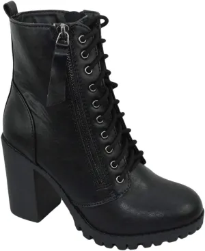 Soda Women Chunky High Heel Combat Army Military Riding Ankle Boots Lace Up Booties Malia-S