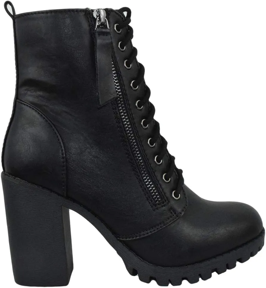Soda Women Chunky High Heel Combat Army Military Riding Ankle Boots Lace Up Booties Malia-S
