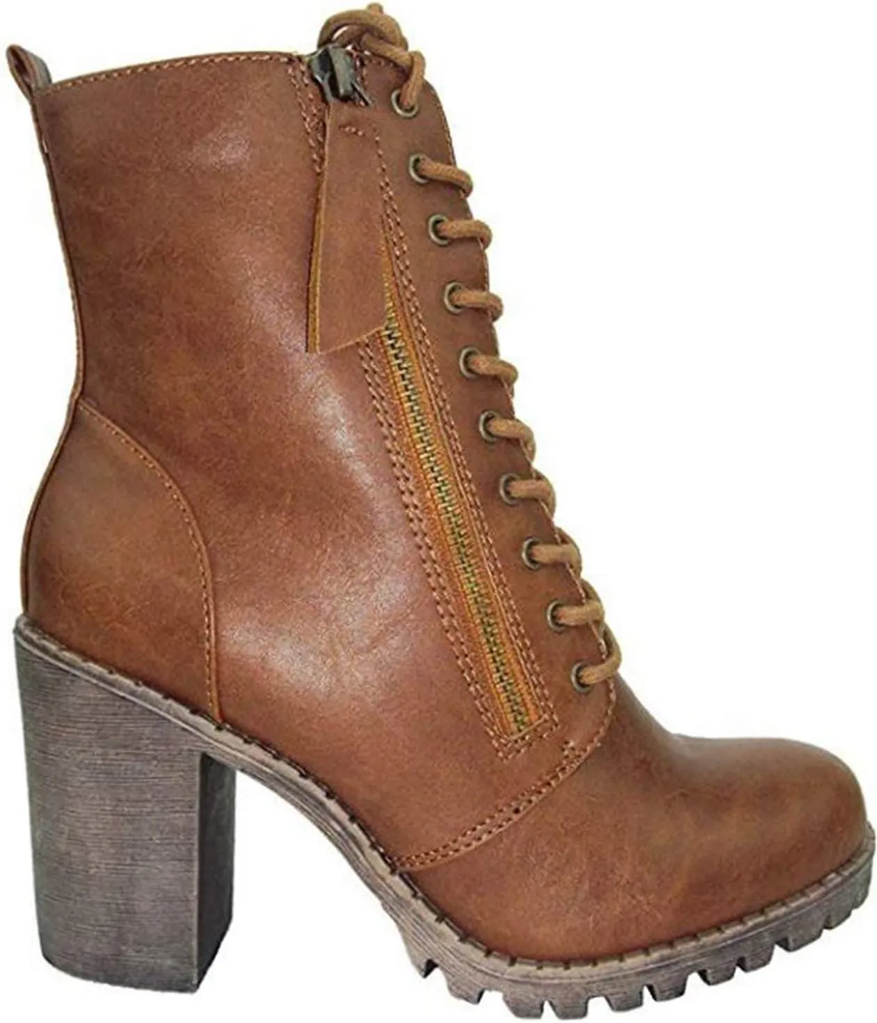 Soda Women Chunky High Heel Combat Army Military Riding Ankle Boots Lace Up Booties Malia-S