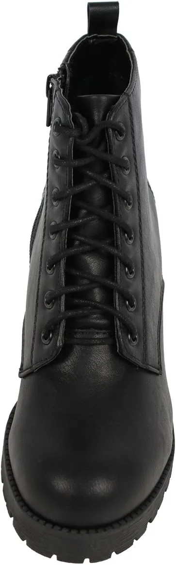 Soda Women's Nevitt Faux Leather Lace Up Chunky Heel Combat Style Boots