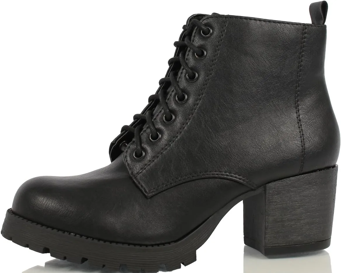 Soda Women's Nevitt Faux Leather Lace Up Chunky Heel Combat Style Boots