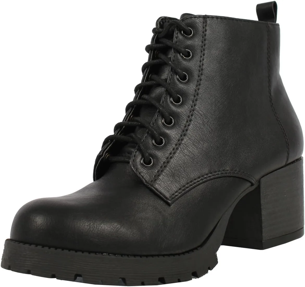 Soda Women's Nevitt Faux Leather Lace Up Chunky Heel Combat Style Boots
