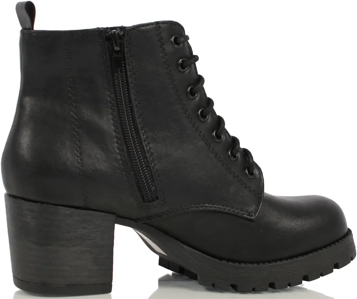 Soda Women's Nevitt Faux Leather Lace Up Chunky Heel Combat Style Boots