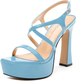 Square Toe Heeled Platform Sandals, Criss-cross Straps High Block Heel Sandals, Open Toe Slingback Strappy Sandals, Wedding Party Dress Shoes 5"