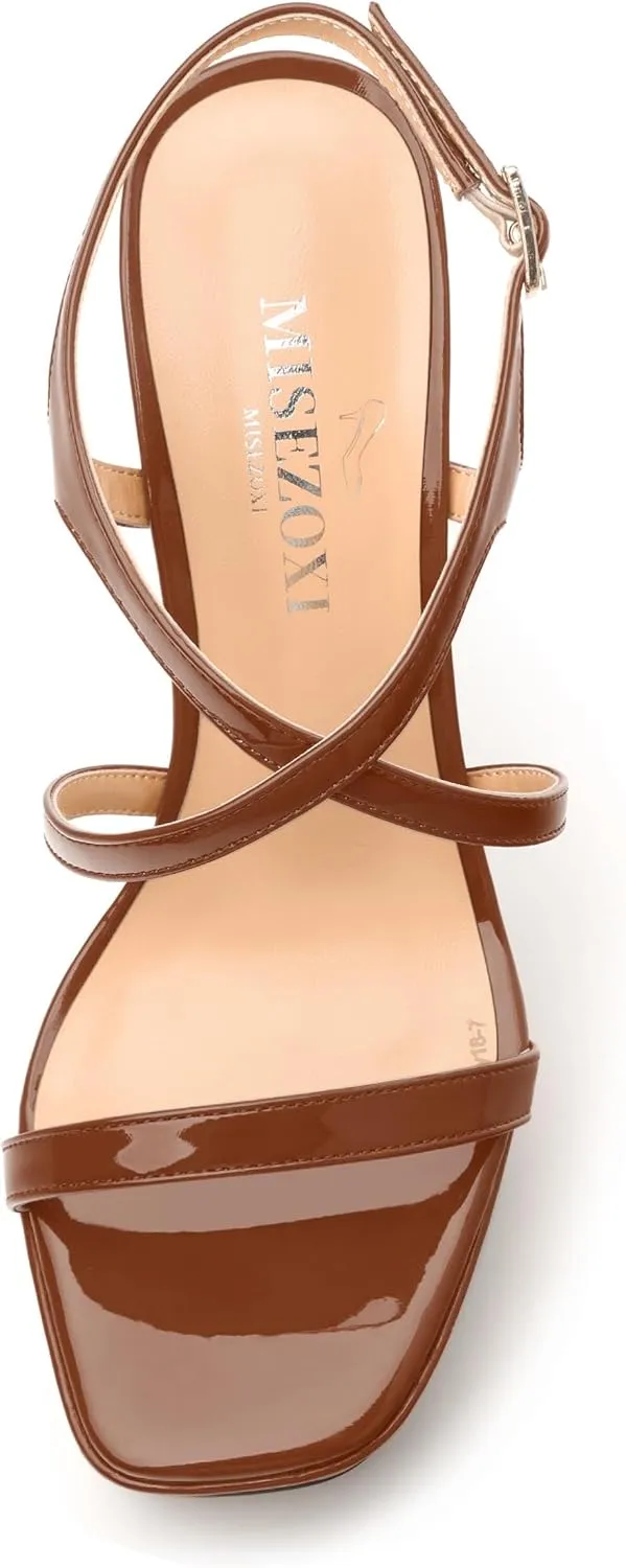 Square Toe Heeled Platform Sandals, Criss-cross Straps High Block Heel Sandals, Open Toe Slingback Strappy Sandals, Wedding Party Dress Shoes 5"