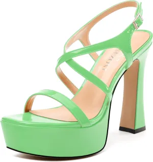 Square Toe Heeled Platform Sandals, Criss-cross Straps High Block Heel Sandals, Open Toe Slingback Strappy Sandals, Wedding Party Dress Shoes 5"
